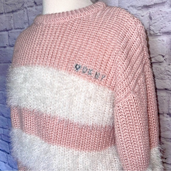 DKNY Girls Pink & White Striped Eyelash Sweater, Size Large -12 EUC - Picture 3 of 5